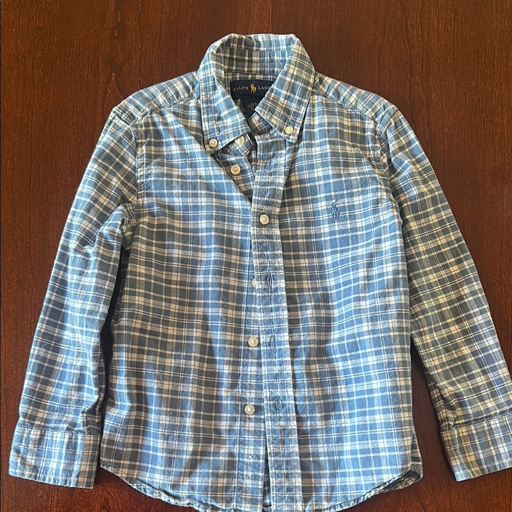 Boys 4t Ralph Lauren Blue and white Plaid Shirt 100% cotton GUC!